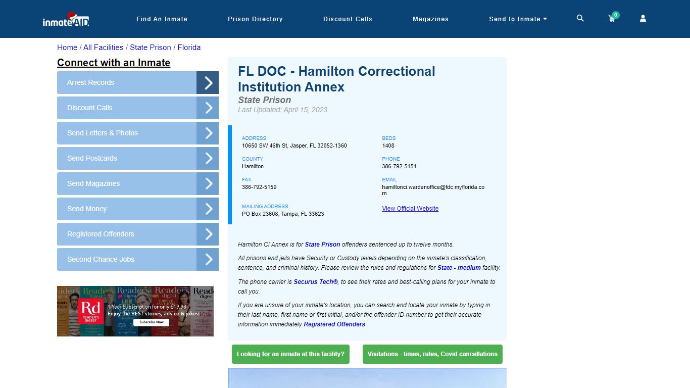 FL DOC - Hamilton Correctional Institution Annex & Inmate Search ...