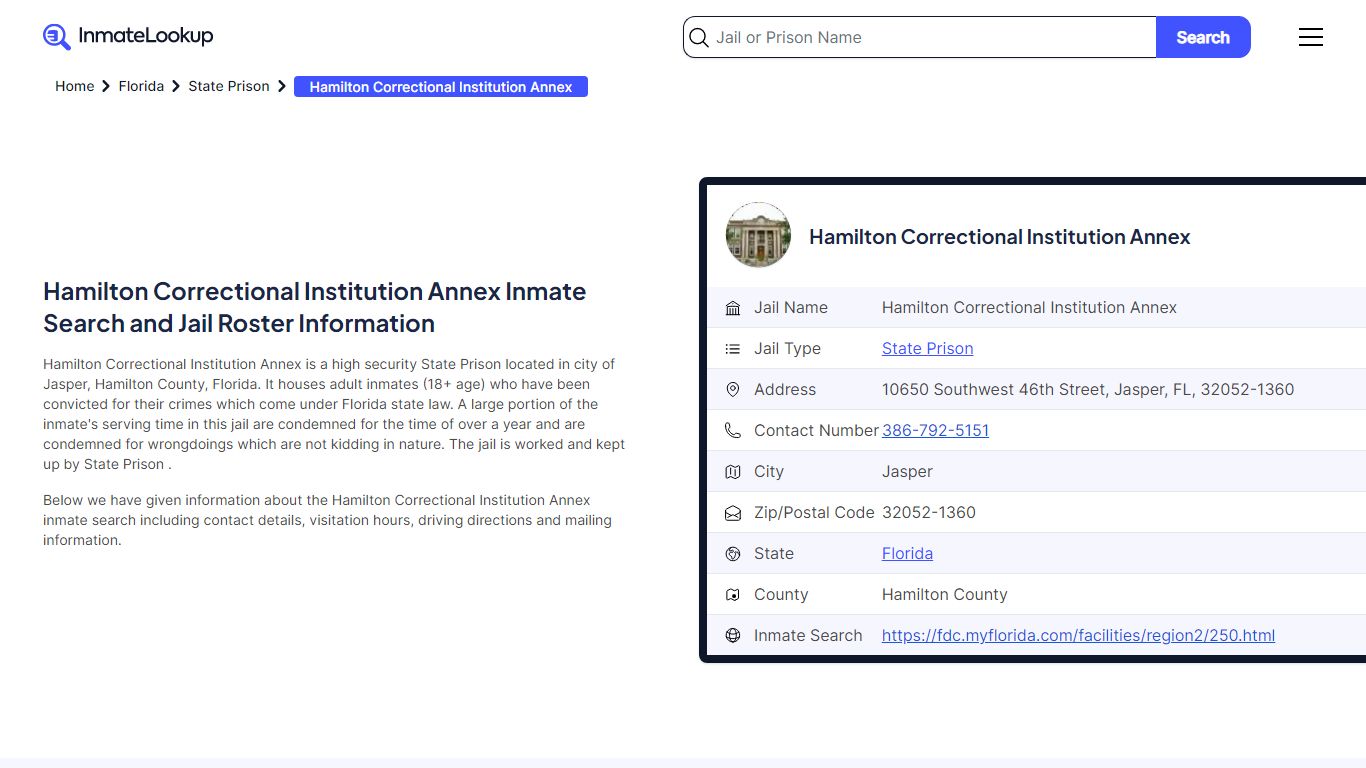 Hamilton Correctional Institution Annex (FL) Inmate Search Florida ...